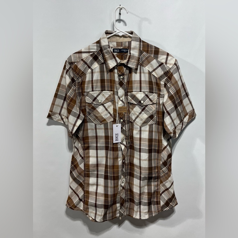 BKE Men's Plaid Short Sleeve Pearl Snap Shirt Size Athletic Fit Small NWT
